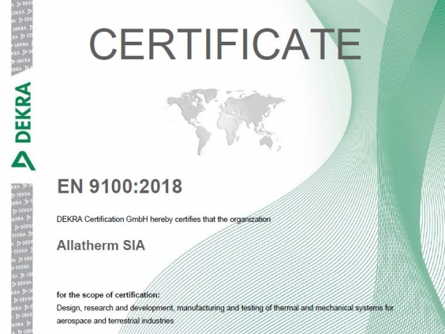 SUCCESS: Allatherm Earns EN 9100:2018 Certification, Elevating Aerospace Safety and Quality Standards in Latvia